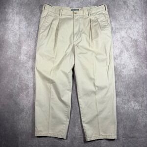 Evergreen Mens Khaki Pleated Chino Pants 38x26 Tan 100% Cotton Relaxed Fit Prep